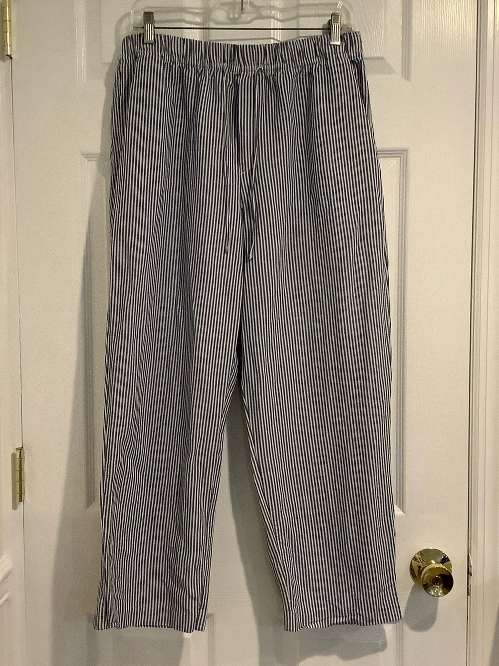 H&M Blue/White Striped Linen Blend Wide Leg Coastal Grandma Beach Summer Pants M